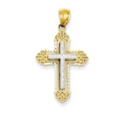 14k Two tone Fleur De Lis Cross Pendant