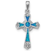 Sterling Silver Rhodium plated CZ   Created Opal Cross Pendant