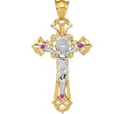 14k Two tone Polished with Red CZs Crucifix Pendant