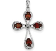 Sterling Silver Rhodium Garnet   Diamond Cross Pendant