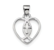 Sterling Silver Rhodium plated Heart w Ichthus and Cross Pendant