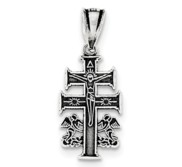 Sterling Silver Antiqued Caravaca Double Cross w Angels Crucifix Pendant