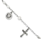 Sterling Silver  Cultured Pearl Rosary Bracelet  with First Holy Communion Medal