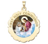 First Holy Communion Religious Medal Scalloped Round   Girl   Color EXCLUSIVE 