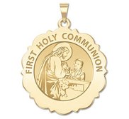 First Holy Communion Scalloped Round Religious Medal  Boy   EXCLUSIVE 