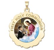 First Holy Communion Scalloped Round Religious Medal  Boy   Color EXCLUSIVE 