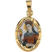 14K Gold and Porcelain Saint Barbara Religious Medal