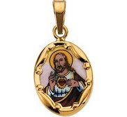 14K Gold and Porcelain Sacred Heart Religious Medal