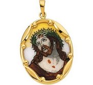 14k Gold and Porcelain Ecce Homo Religious Medal