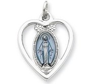 Sterling Silver Heart Shaped Cut Out Miraculous Religious Medal Pendant w  Epoxy Resin