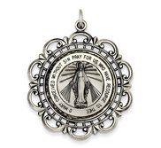 Sterling Silver Miraculous Medal Antiqued Scalloped Round Pendant