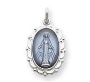 Sterling Silver Scalloped Oval Miraculous Religious Medal Pendant w  Epoxy Resin