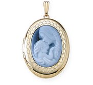 Solid 14K Yellow Gold Mother   Child Cameo Oval Photo Locket