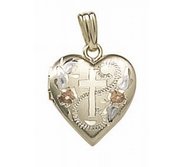 Solid 14K Yellow Gold Small Cross Heart Photo Locket