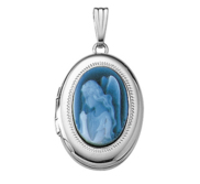 14K White Gold Angel Cameo Oval Photo Locket