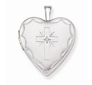 14k White Gold Cross Heart Photo Locket with Diamond