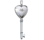 14k White Gold Key Heart Photo Locket with Diamond