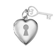 14k White Gold Key Charm Heart Photo Locket