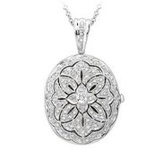 14K White Gold Premium Oval Photo Locket with Diamonds