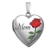 Sterling Silver Color Rose  Mom  Heart Photo Locket