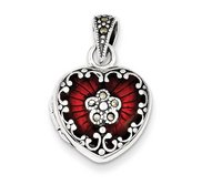 Sterling Silver Red Enamel   Marcasite Heart Photo Locket