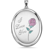 Sterling Silver I Love You with Enamel Flower Oval Photo Locket