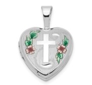 Sterling Silver Cross with Enamel Flowers Heart Photo Locket