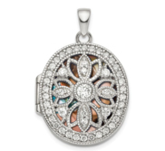 Sterling Silver Pierced Oval Photo Locket with Cubic Zirconia