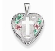 Sterling Silver Enameled Cross   Flowers Heart Photo Locket