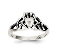 Ladies or Children Sterling Silver and Rhodium Antiqued Claddagh Ring