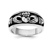 Unisex Sterling Silver and Rhodium Antiqued Claddagh Ring