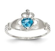 14K White Gold CZ December Birthstone Claddagh Heart Ring