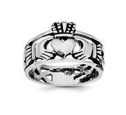 Unisex Sterling Silver and Rhodium Antiqued Claddagh Ring