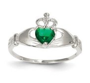 14K White Gold CZ May Birthstone Claddagh Heart Ring