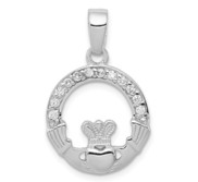 Sterling Silver Rhodium Plated CZ Claddagh Pendant