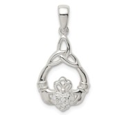 Sterling Silver Polished CZ Claddagh With Trinity Knot Pendant