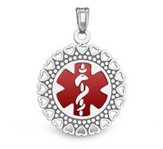 Sterling Silver Medical ID Round Charm or Pendant with Red Enamel