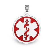 14K White Gold Medical ID Round Charm or Pendant with Red Enamel