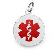 Sterling Silver Medical ID Round Charm or Pendant with Red Enamel