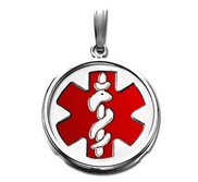 14k White Gold Medical ID Round Bezel Frame Charm or Pendant with Red Enamel