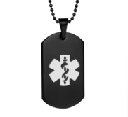 Black Plated Stainless Steel Medical ID Dog Tag Pendant w  24  Bead Chain