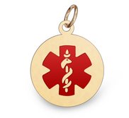 14k Yellow Gold Medical ID Round Charm or Pendant with Red Enamel