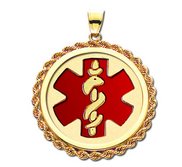 14k Yellow Gold Medical ID Round Rope Frame Charm or Pendant with Red Enamel