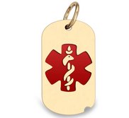 14k Yellow Gold Medical ID Dog Tag Charm or Pendant with Red Enamel