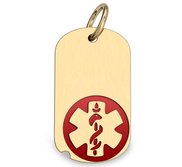 14k Yellow Gold Medical ID Dog Tag Charm or Pendant with Red Enamel