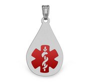 Stainless Steel Medical ID Tear Drop Charm or Pendant with Red Enamel