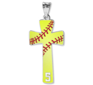 Softball Stitch Enameled Cross Pendant w  Number