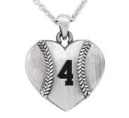 Sterling Silver Heart Shaped Baseball Pendant w  Number   Chain