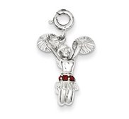 Sterling Silver High Polished 3 D Cheerleader with Red Synthetic Stone Charm w  Spring Ring