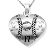 Sterling Silver Heart Shaped Mom Baseball Pendant w  Number   Chain